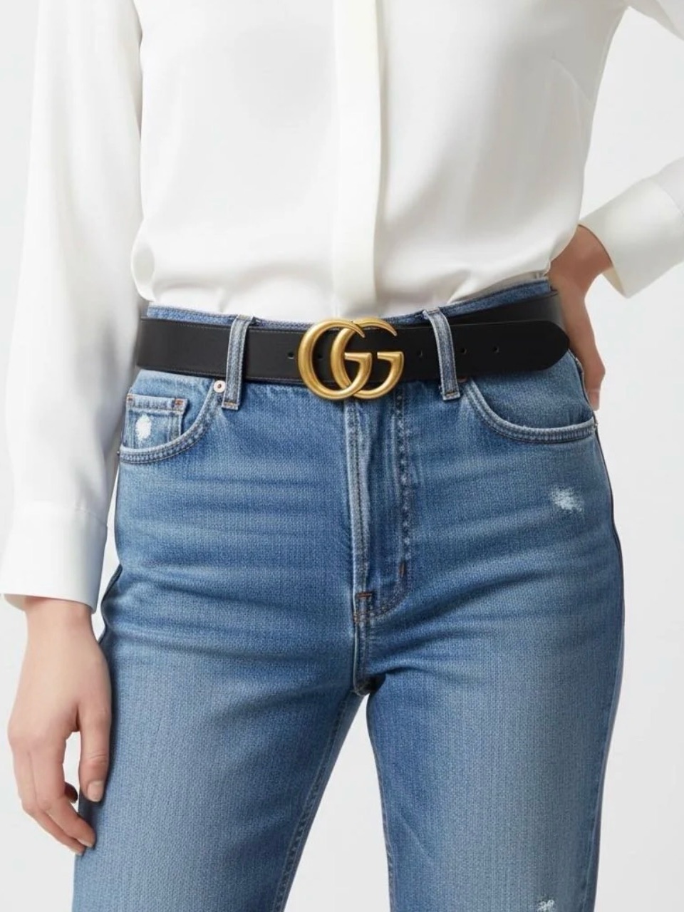 Designer-Inspired Black Leather Belt With Gold Double-G Buckle